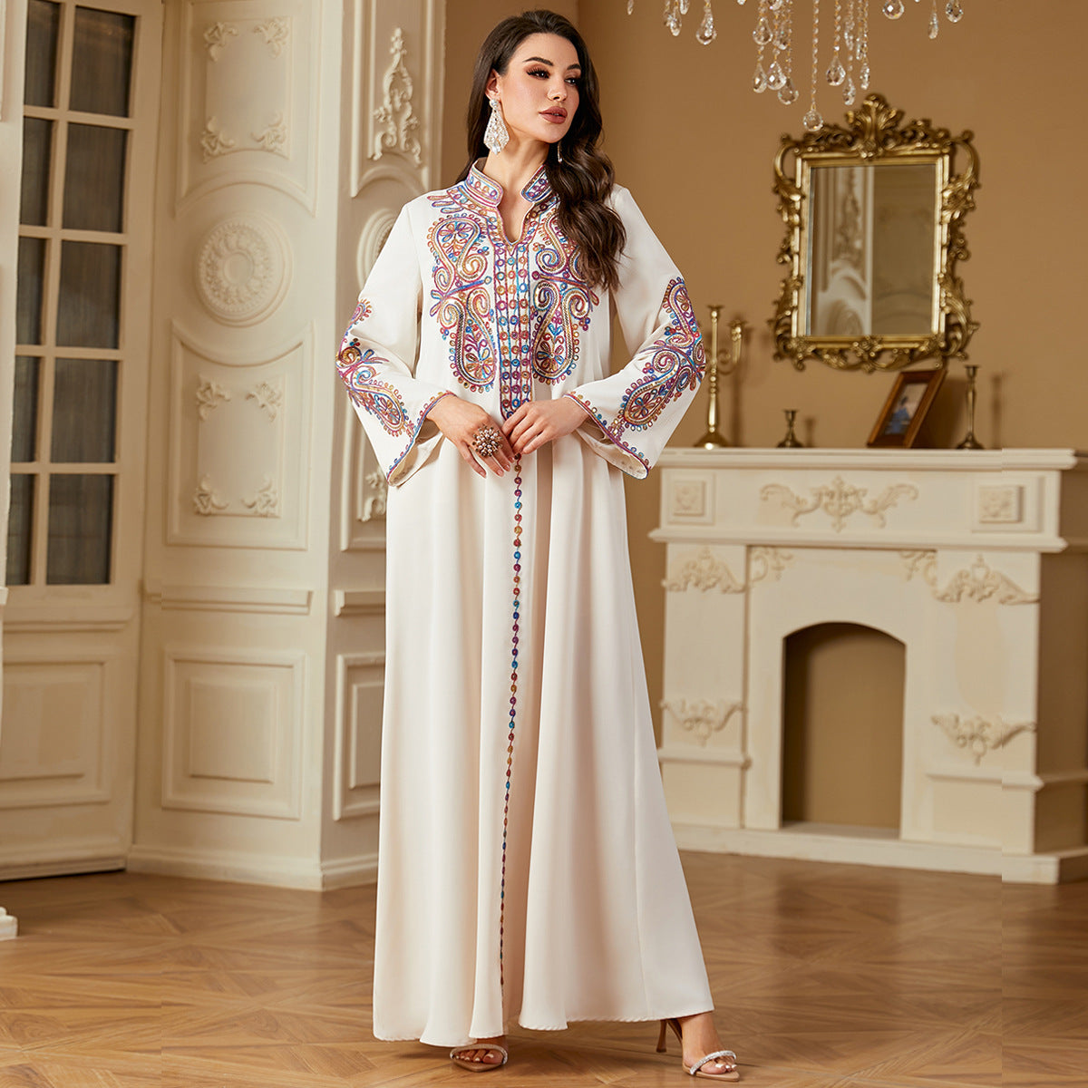 Elegant Beaded Embroidery Dress For Women In A Long Robe Style