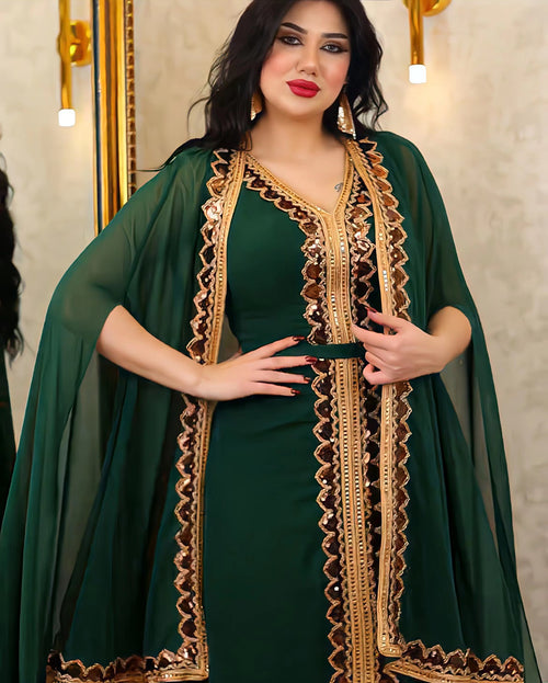 Dubai Style Women’s Modest Party Dress with Cape Sleeves