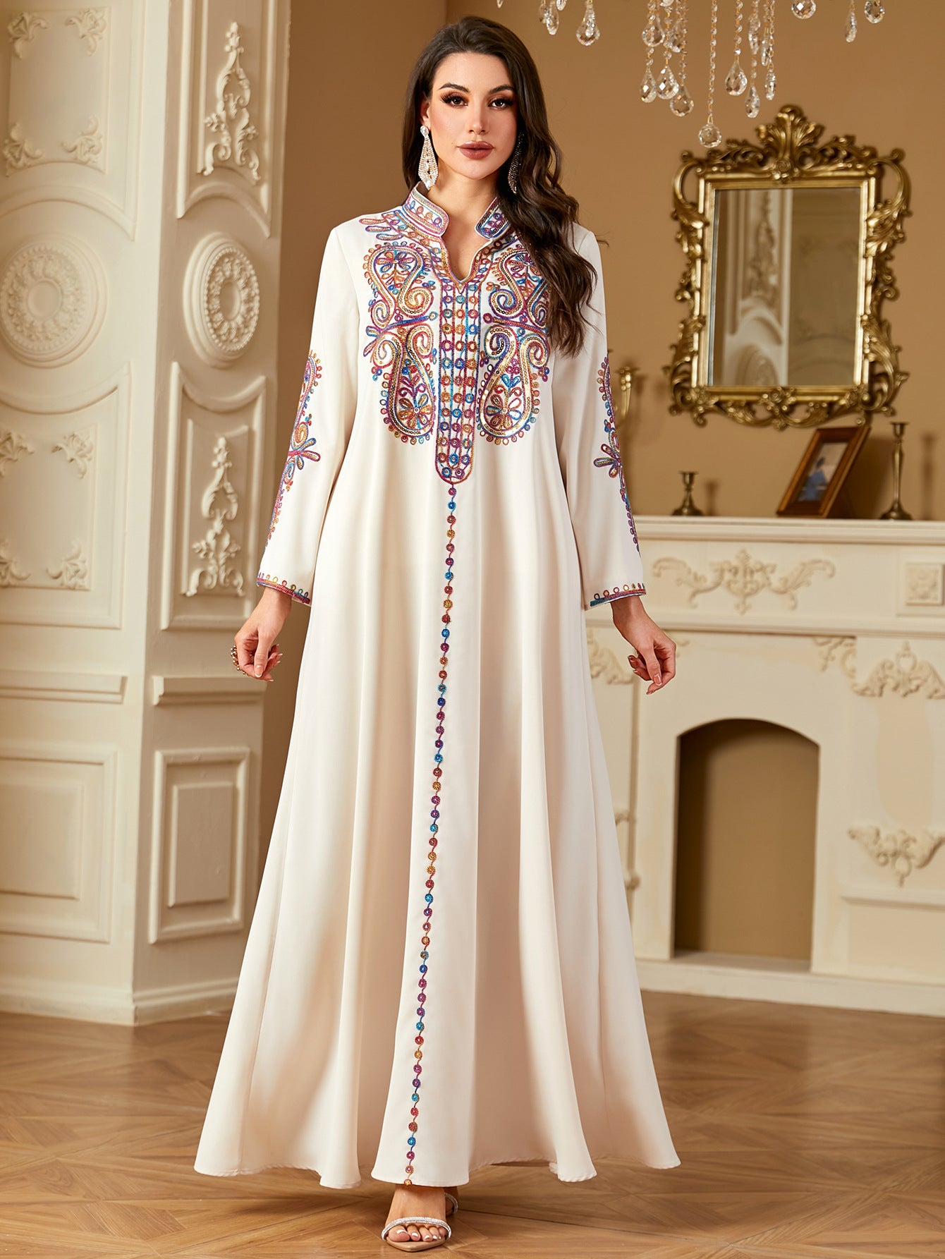 Elegant Beaded Embroidery Dress For Women In A Long Robe Style