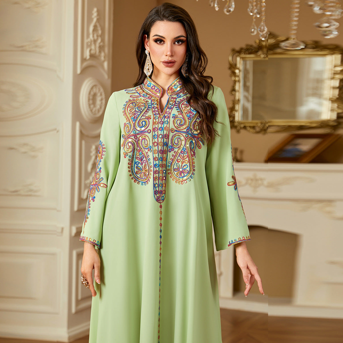 Elegant Beaded Embroidery Dress For Women In A Long Robe Style