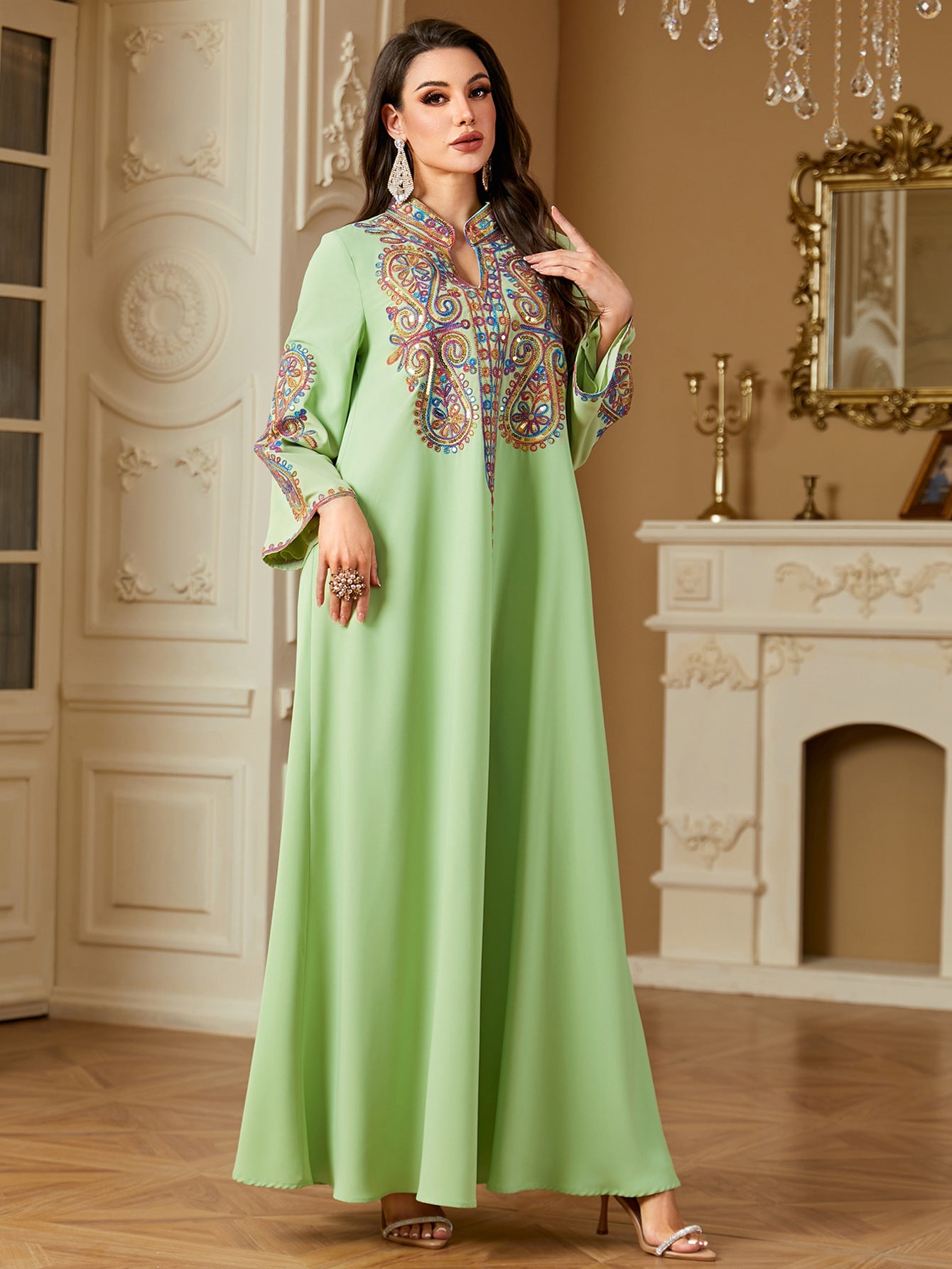 Elegant Beaded Embroidery Dress For Women In A Long Robe Style