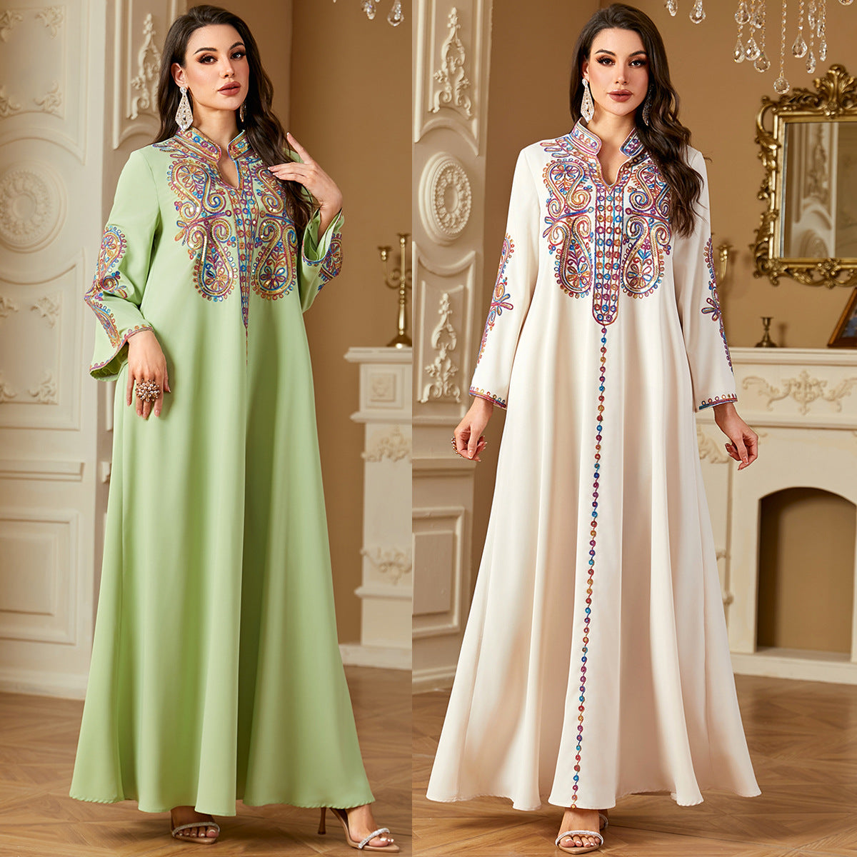 Elegant Beaded Embroidery Dress For Women In A Long Robe Style